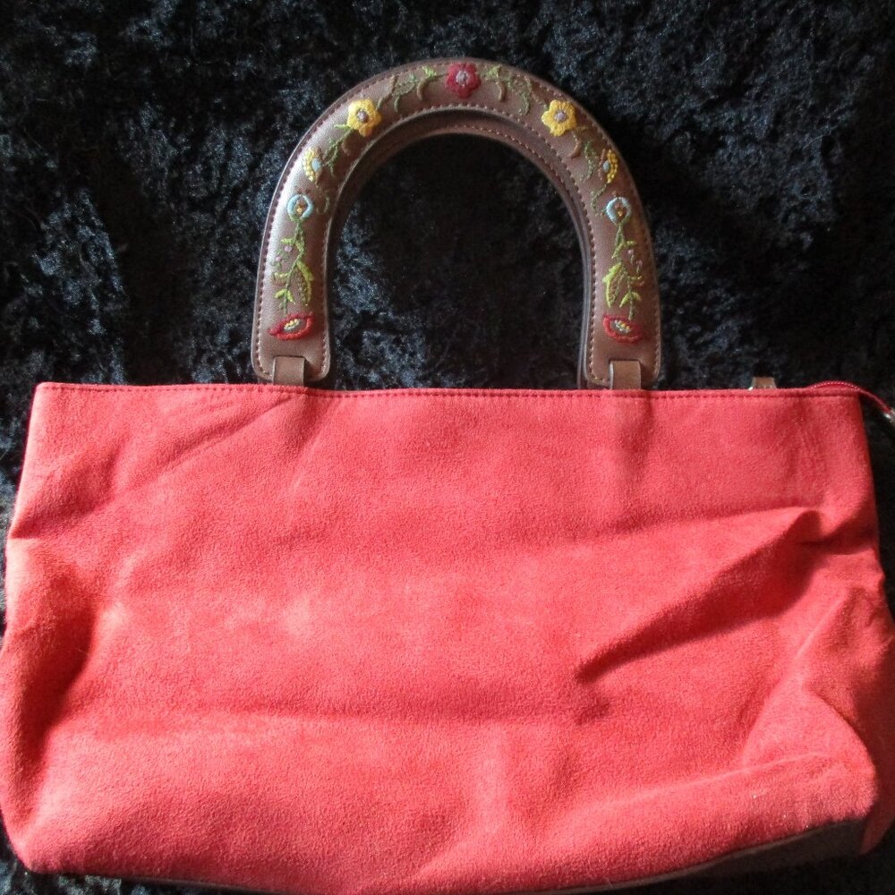 Vintage Relic Red Suede Handbag W/Leather Top Handles Embroidered With Flowers